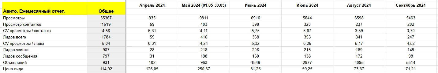 Общая статистика по месяцам на Авито